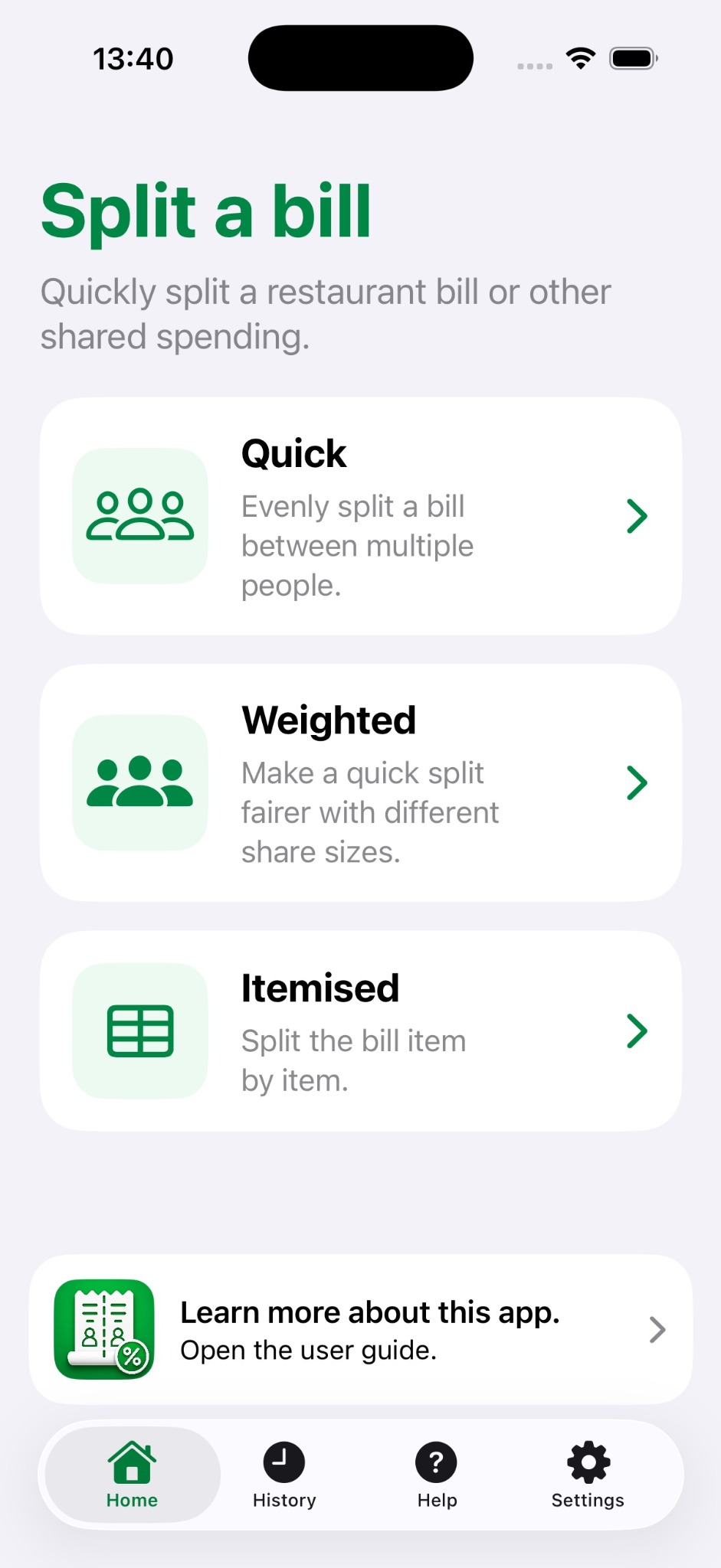Dinner Bill Splitter Home screen showing Quick, Weighted and Itemised modes