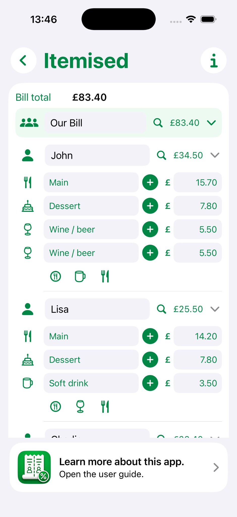 Itemised bill screen showing people and meal categories